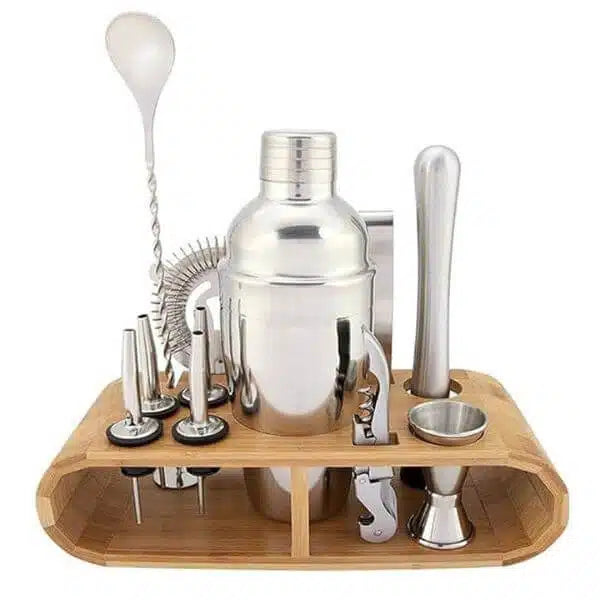 12 Piece Stainless Steel Cocktail Shaker With Wooden Stand
