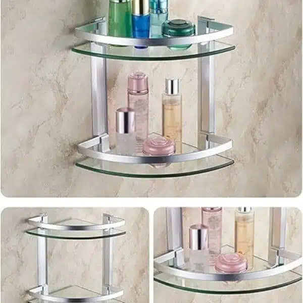 2 Tier Wall Mounted Tempered Glass Corner Shelf with Aluminum Rail