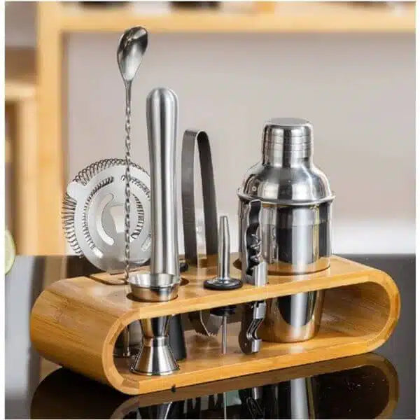 12 Piece Stainless Steel Cocktail Shaker With Wooden Stand