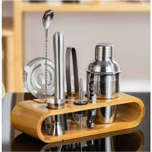 12 Piece Stainless Steel Cocktail Shaker With Wooden Stand
