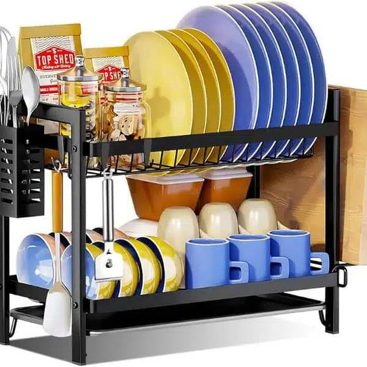 2 Tier Stainless Steel Dish Drainer with Utensil Holder and Hooks