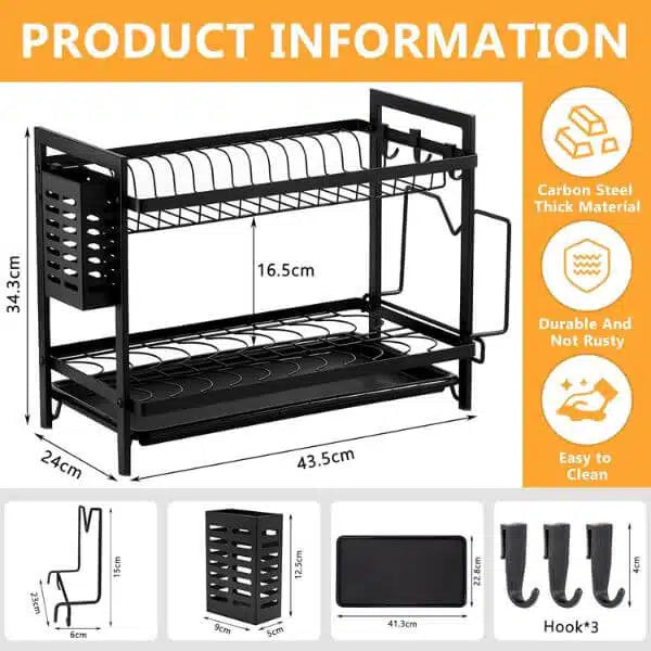 2 Tier Stainless Steel Dish Drainer with Utensil Holder and Hooks