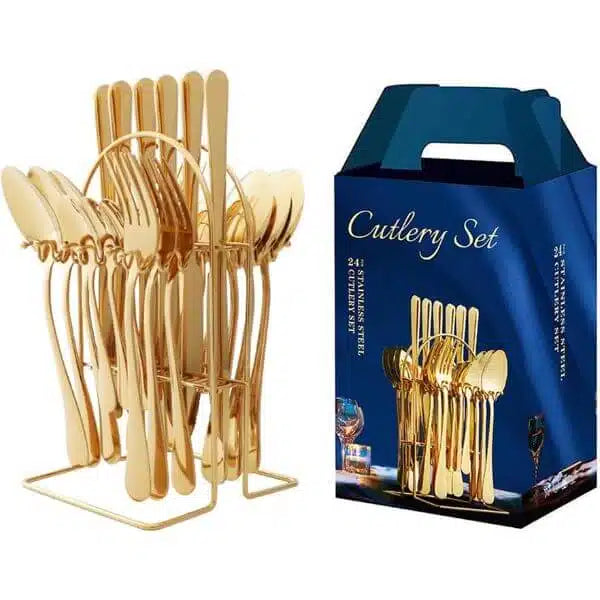24 Piece Gold Stainless Steel Tableware Cutlery Set with Display Stand