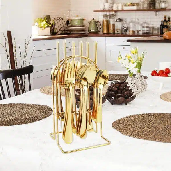 24 Piece Gold Stainless Steel Tableware Cutlery Set with Display Stand