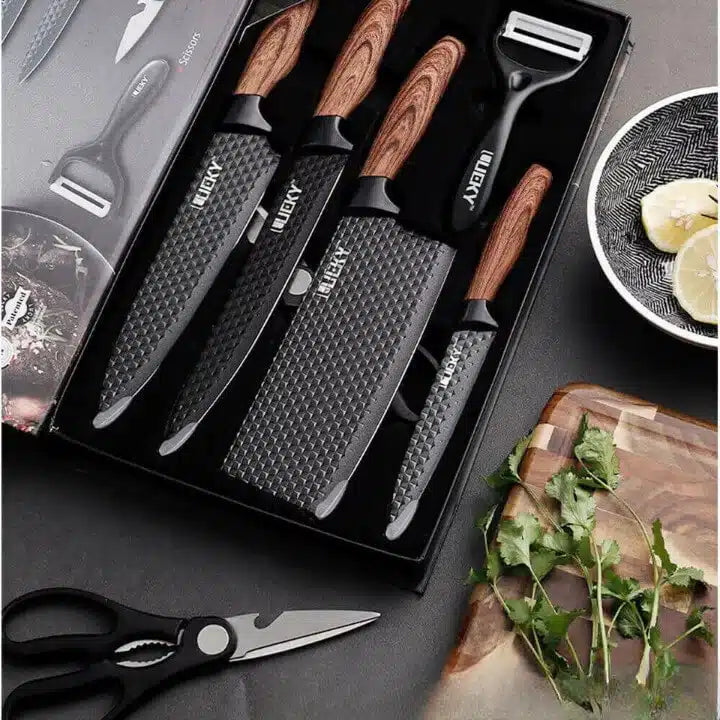 6 Piece Stainless Steel Kitchen Knife Set Japanese Damascus Pattern