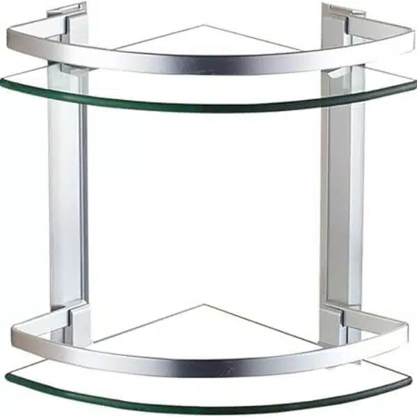 2 Tier Wall Mounted Tempered Glass Corner Shelf with Aluminum Rail