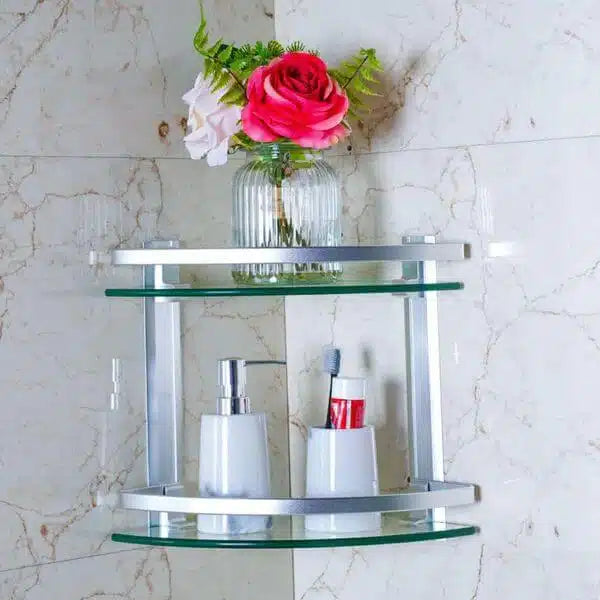 2 Tier Wall Mounted Tempered Glass Corner Shelf with Aluminum Rail
